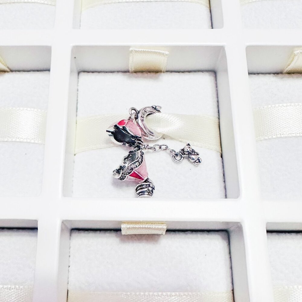 925 Sterling Silver Openable Pink Air Balloon With Teddy Bear Dangle Charm